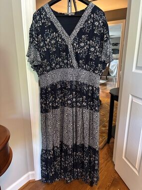 Navy Floral Midi Dress with Smocked Waist